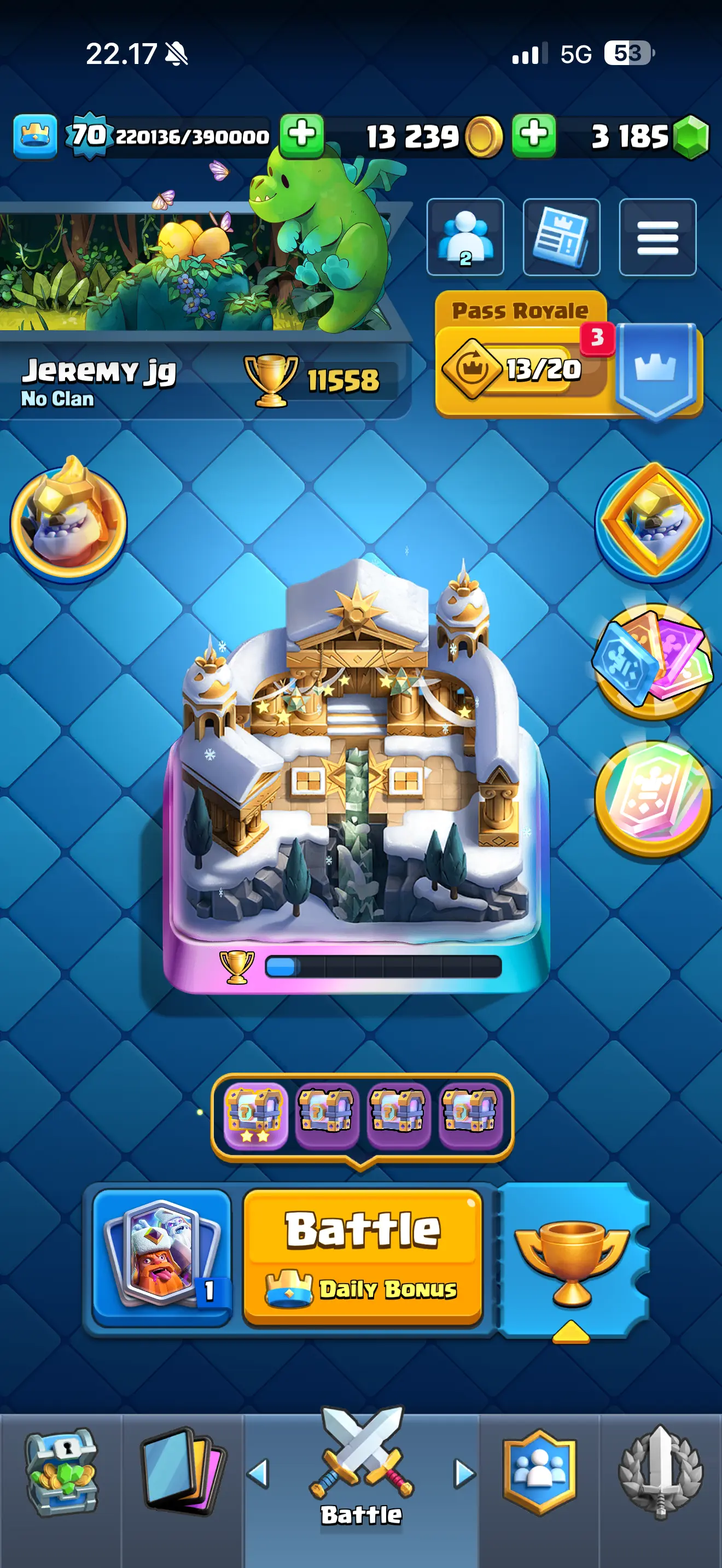 ⚡️ RAREST ⚡️CR Lv.70 🔥 Free Change Name 🔥 Arena 28 🔥 11558 Trophies 🔥 KT 15 🔥 2 Hero 🔥 22 Evo Cards & 12 Max 🔥 132 Emotes 🔥 14 Tower Skins 🔥